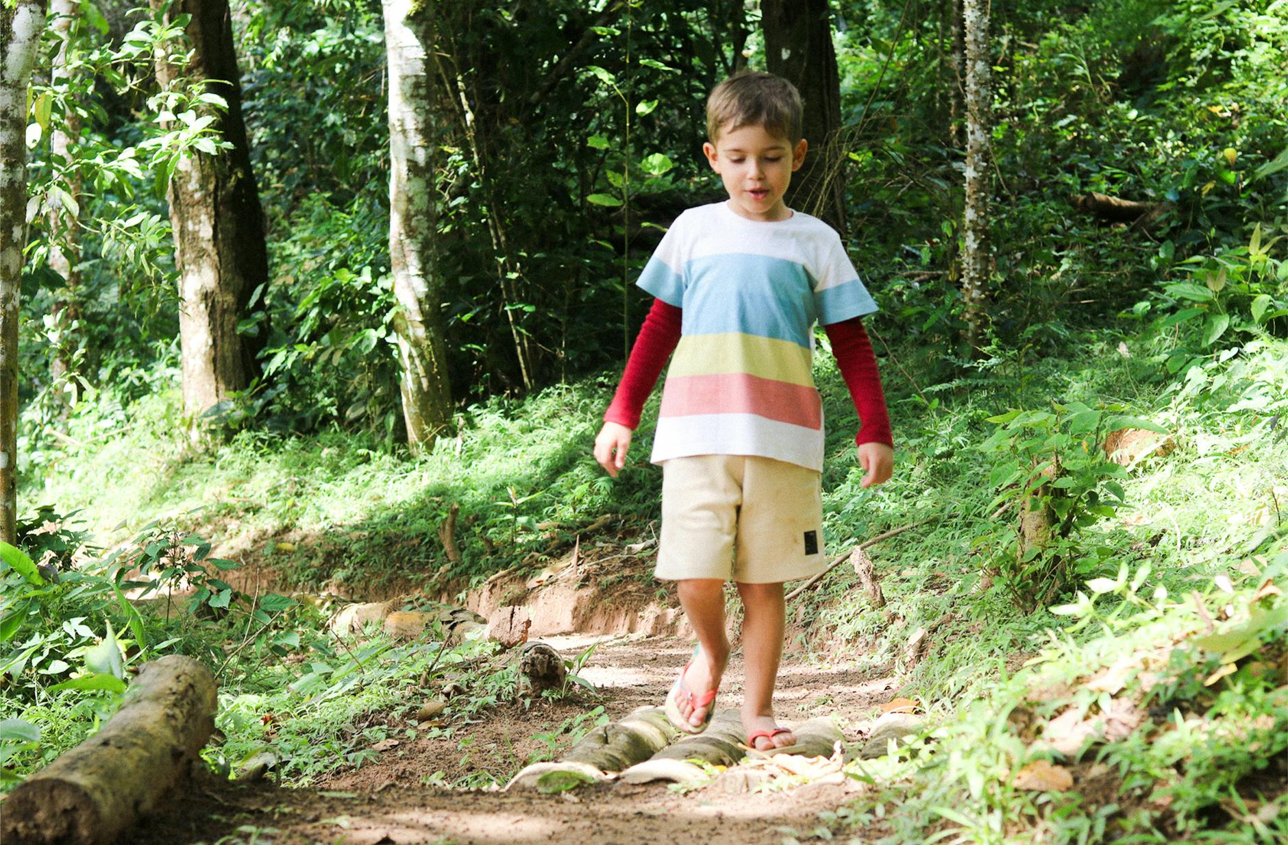 Chłopiec idzie leśną ścieżką w słoneczny dzień