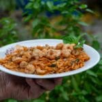 Talerz makaronu orzo z krewetkami trzymany w ogrodzie w stylu greckim